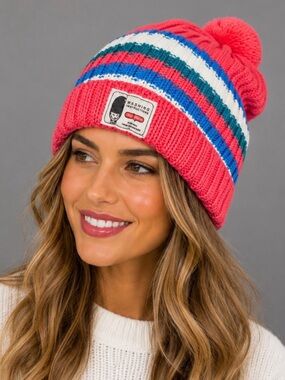 (NWT) T&T • Multicolored Striped Knit Faux Fur-Lined Pom Pom Unisex Beanie